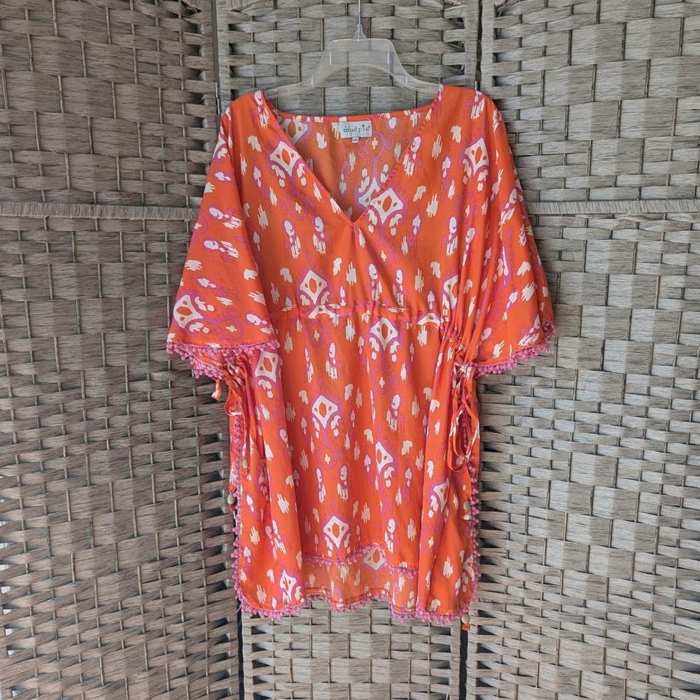 Mud Pie Swim Cover Up Dress Orange Pink Ikat Pom Pom Beaded L/XL Boho Beachy
